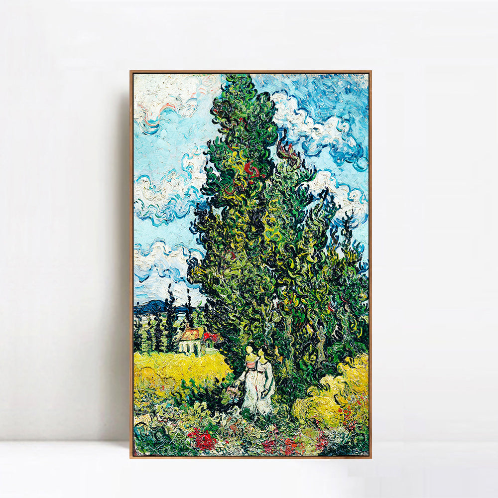 INVIN ART 100% Hand Painted Framed Canvas Cypresses and Two Women, 1890 by Vincent Van Gogh,Famous Oil Paintings Reproduction Modern Artwork Wall Art